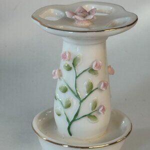 Vintage Porcelain Toothbrush Holder Floral Hand Painted Gold Trim